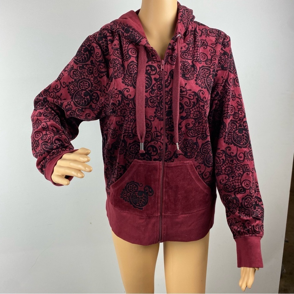 Disney Parks Womens Large Burgundy and Black Zip Up Jacket Hoodie Velvet Mickey